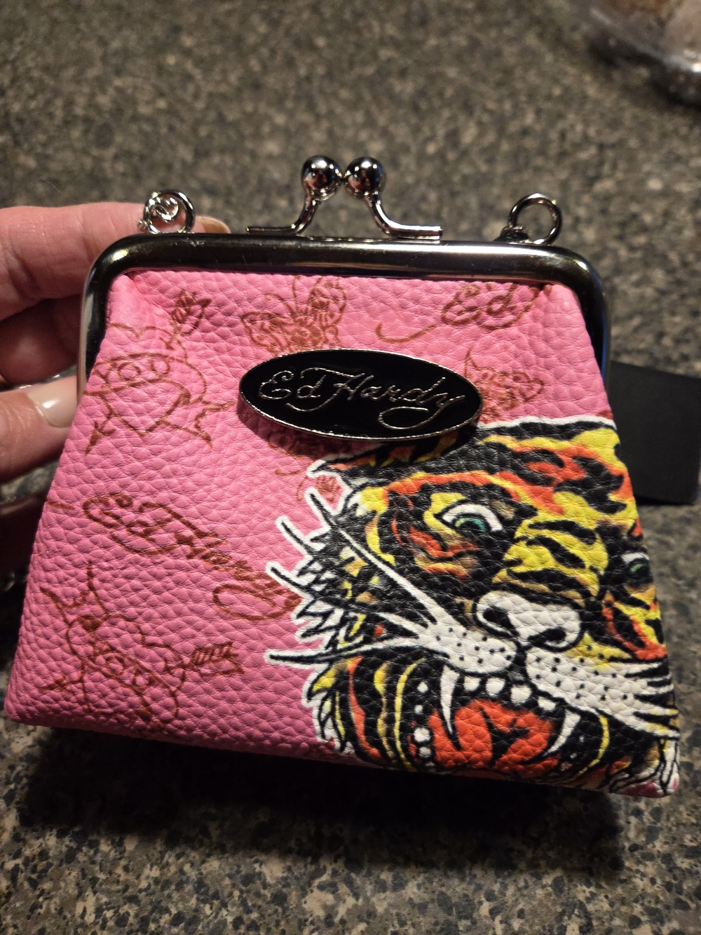 Ed Hardy Pink Tiger Kiss-Lock Coin Purse with Chain